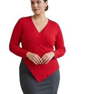 Vila Milano Red Ribbed Wrap V-Neck Asymmetrical Hem Sweater XL Womens